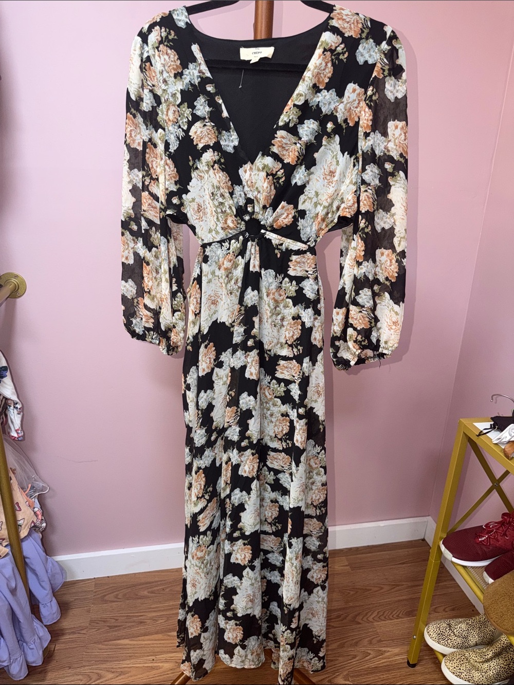 entro Black Floral Maxi Dress with Cream and Tan Blooms